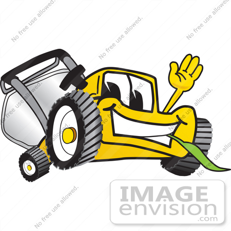 #27437 Clip Art Graphic of a Yellow Lawn Mower Mascot Character Waving and Chewing on Grass by toons4biz