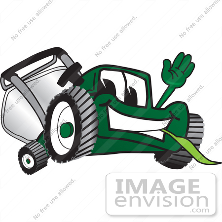 #27438 Clip Art Graphic of a Green Lawn Mower Mascot Character Waving and Chewing on Grass by toons4biz