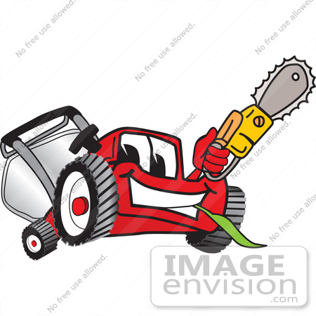 #27441 Clip Art Graphic of a Red Lawn Mower Mascot Character Holding a Yellow Saw by toons4biz
