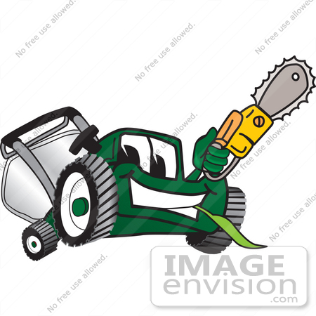 #27442 Clip Art Graphic of a Green Lawn Mower Mascot Character Holding a Yellow Saw by toons4biz