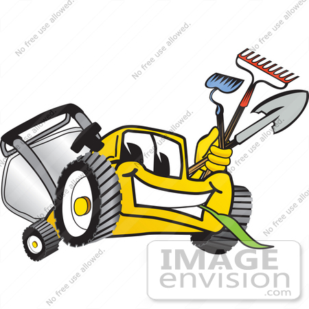 #27443 Clip Art Graphic of a Yellow Lawn Mower Mascot Character Facing Front, Chewing on Grass and Holding Gardening Tools by toons4biz