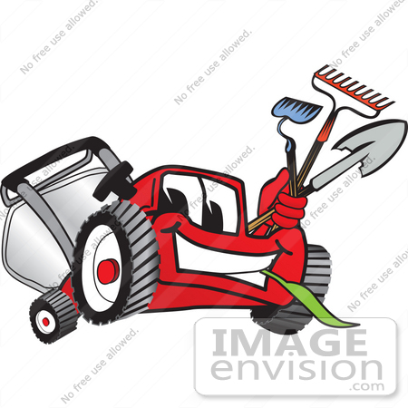 #27444 Clip Art Graphic of a Red Lawn Mower Mascot Character Facing Front, Chewing on Grass and Holding Gardening Tools by toons4biz