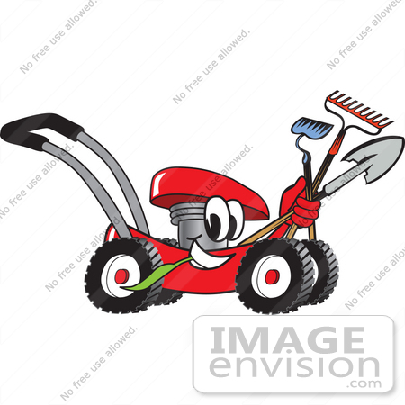 #27448 Clip Art Graphic of a Red Lawn Mower Mascot Character Smiling and Chewing on Grass While Passing by and Carrying Garden Tools by toons4biz