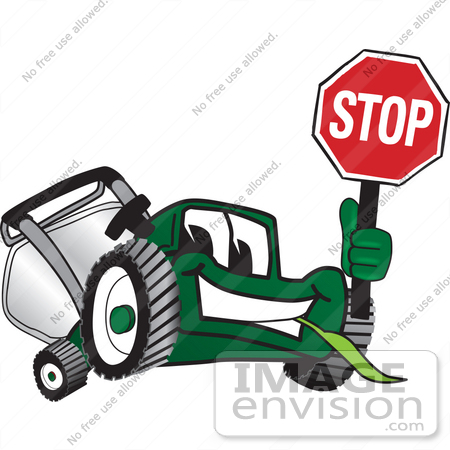 #27449 Clip Art Graphic of a Green Lawn Mower Mascot Character Facing Front and Smiling While Chewing on Grass and Holding a Stop Sign by toons4biz