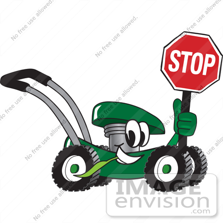 #27452 Clip Art Graphic of a Green Lawn Mower Mascot Character Smiling While Passing by, Chewing on Grass and Holding a Stop Sign by toons4biz