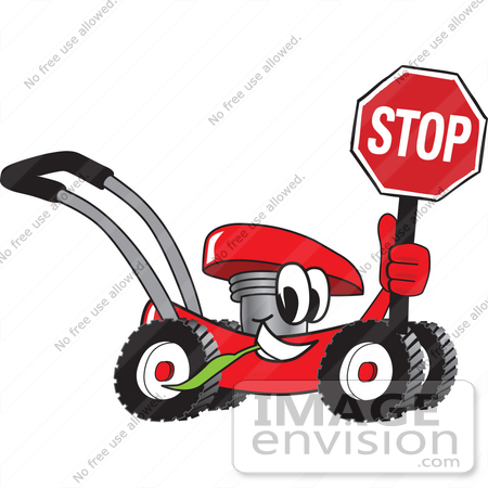 #27453 Clip Art Graphic of a Red Lawn Mower Mascot Character Smiling While Passing by, Chewing on Grass and Holding a Stop Sign by toons4biz