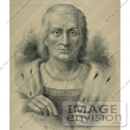 #27458 Illustration of a Portrait Of Christopher Columbus Facing Front And Resting His Hand Over America On A Globe by JVPD