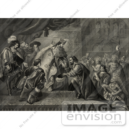 #27461 Illustration of Christopher Columbus Kneeling In Front Of King Ferdinand And Queen Isabella Of Spain As Natives And Other People Watch During A Reception After His First Return From America by JVPD