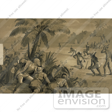 #27462 Illustration of Christopher Columbus And His Crew Men Hiding Behind Bushes Under A Palm Tree And Watching Indigenous Native Men Playing What Appears To Be Baseball Upon The First Landing In The New World At San Salvador by JVPD