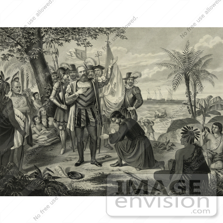 #27469 Illustration of Curious Natives Watching a Man Kneeling and Bowing to Christopher Columbus and His Men Upon Landing in the New World by JVPD