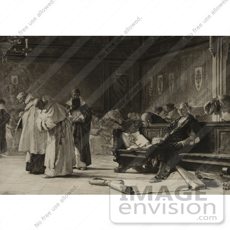 #27471 Illustration of a Portrait of Christopher Columbus Being Sneered At In The Council Of Salamanca, Spain With Maps Scatterd On The Floor by JVPD