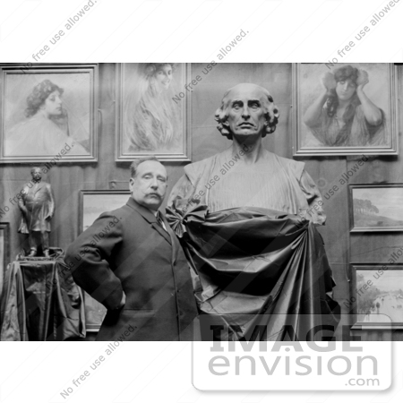 #27472 Stock Photo of A Man, Artist Ettore Ximenes, Proudly Posing In Front Of His Bust Statue Of Christopher Columbus In His Studio by JVPD
