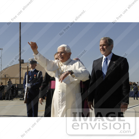 #27484 Stock Photo of Pope Benedict XVI Waving To The Crowd As President George W. Bush Greets Him Upon His Arrival At Andrews Air Force Base, Maryland, April 15th 2008 by JVPD
