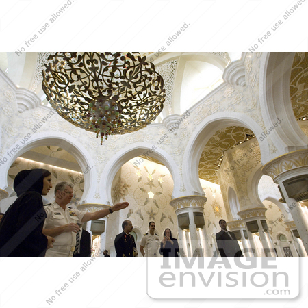#27486 Stock Photo of Chief Of Naval Operations Admiral Gary Roughead Standing In A Gorgeous Archaded Room Under A Chandelier While Touring The Sheika Zayed Grand Mosque In Abu Dhabi, United Arab Emirates, April 16th 2008 by JVPD
