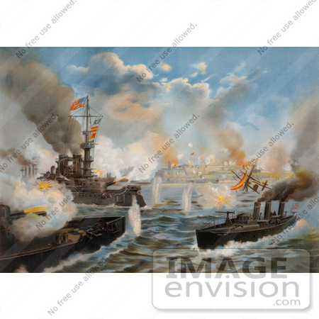 #27493 Illustration of United States Warships Under Command Of Rear Admiral Sampson, Bombarding San Juan, Porto Rico During The Spanish-American War On May 12th 1898 by JVPD