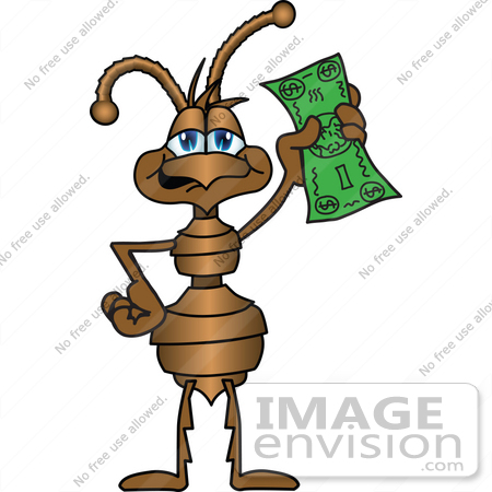 #27499 Clip Art Graphic of a Brown Ant Insect Mascot Character Waving a Green Dollar Bill in the Air by toons4biz