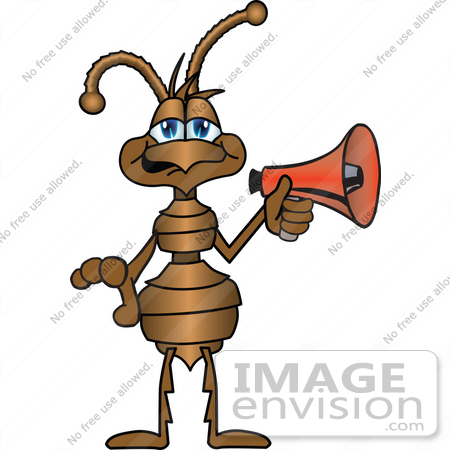 #27505 Clip Art Graphic of a Brown Ant Insect Mascot Character Holding a Red Bullhorn or Megaphone by toons4biz