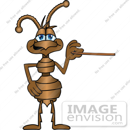 #27506 Clip Art Graphic of a Brown Ant Insect Mascot Character Holding a Pointer Stick by toons4biz