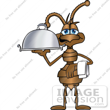 #27508 Clip Art Graphic of a Brown Ant Insect Mascot Character Carring a Napkin on His Wrist and a Platter With the Other Hand While Serving a Platter by toons4biz
