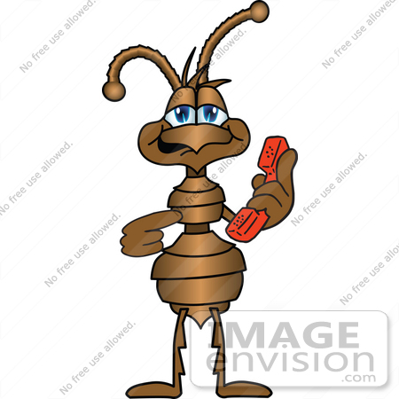 #27509 Clip Art Graphic of a Brown Ant Insect Mascot Character Holding And Pointing To A Red Telephone Receiver by toons4biz