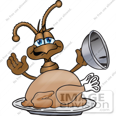 #27510 Clip Art Graphic of a Brown Ant Insect Mascot Character Serving a Thanksgiving Turkey on a Platter by toons4biz