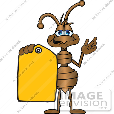 #27511 Clip Art Graphic of a Brown Ant Insect Mascot Character Holding a Yellow Sales Price Tag by toons4biz