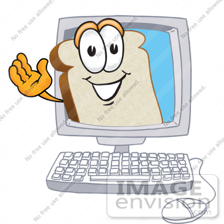 #27513 Clip Art Graphic of a White Bread Slice Mascot Character Waving From Inside a Computer Screen by toons4biz