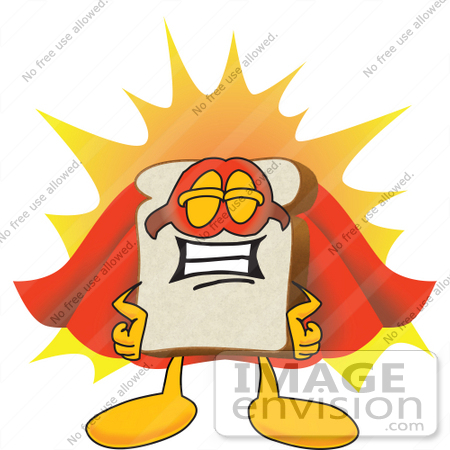 #27519 Clip Art Graphic of a White Bread Slice Mascot Character Standing Proud and Wearing a Super Hero Uniform by toons4biz