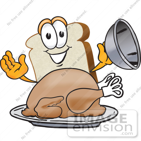 #27520 Clip Art Graphic of a White Bread Slice Mascot Character Serving a Cooked Turkey Bird in a Platter on Thanksgiving by toons4biz