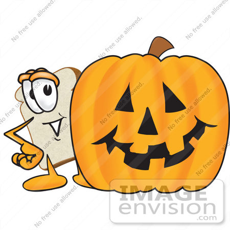 #27525 Clip Art Graphic of a White Bread Slice Mascot Character Peeking Out From Behind a Halloween Pumpkin by toons4biz