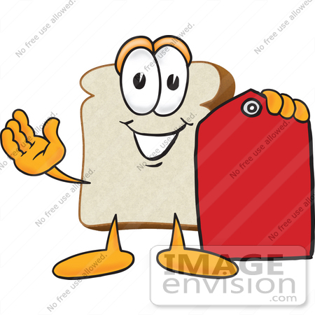 #27531 Clip Art Graphic of a White Bread Slice Mascot Character Holding a Red Clearance Price tag by toons4biz