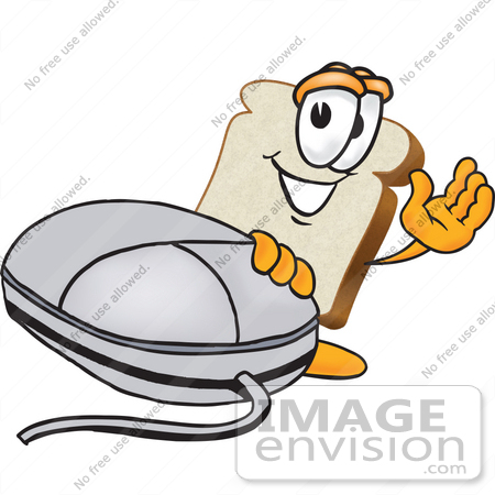 #27534 Clip Art Graphic of a White Bread Slice Mascot Character Resting One Hand on a Computer Mouse and Waving by toons4biz