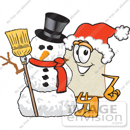 #27535 Clip Art Graphic of a White Bread Slice Mascot Character in a Santa Hat, Standing With a Snowman on Christmas by toons4biz