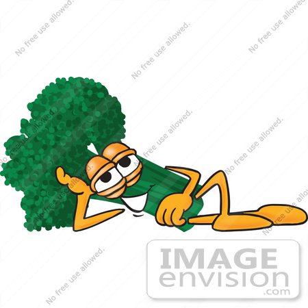 #27543 Clip Art Graphic of a Broccoli Mascot Character Reclined and Resting His Head on His Hand by toons4biz