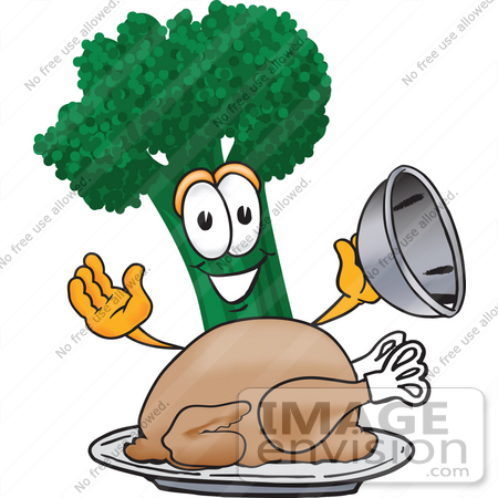 #27544 Clip Art Graphic of a Broccoli Mascot Character Serving a Cooked Thanksgiving Turkey on a Platter by toons4biz