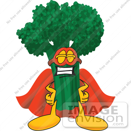 #27546 Clip Art Graphic of a Broccoli Mascot Character Wearing a Mask and Super Hero Cape by toons4biz