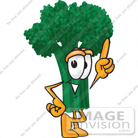 #27547 Clip Art Graphic of a Broccoli Mascot Character Pointing Upwards by toons4biz