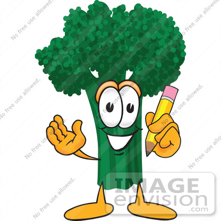 #27549 Clip Art Graphic of a Broccoli Mascot Character Holding a Yellow Pencil by toons4biz