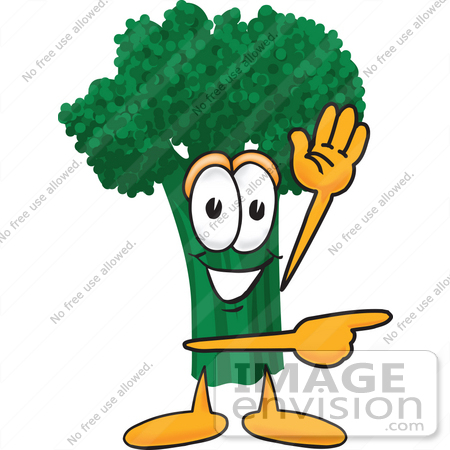 #27552 Clip Art Graphic of a Broccoli Mascot Character Waving and Pointing to the Right by toons4biz