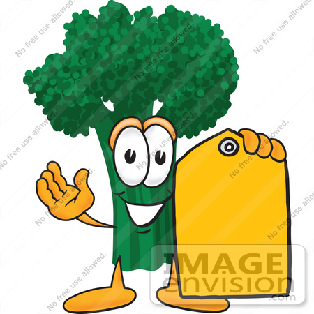 #27554 Clip Art Graphic of a Broccoli Mascot Character Holding a Yellow Sales Price Tag by toons4biz