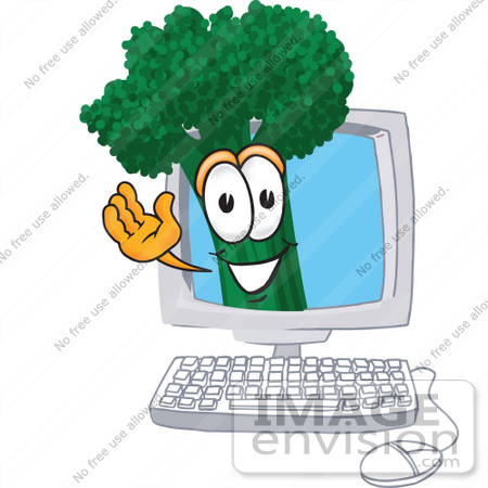 #27556 Clip Art Graphic of a Broccoli Mascot Character Waving From Inside a Computer Screen by toons4biz