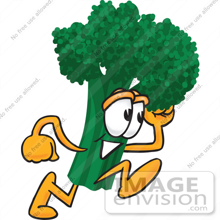 #27557 Clip Art Graphic of a Broccoli Mascot Character Running Fast by toons4biz