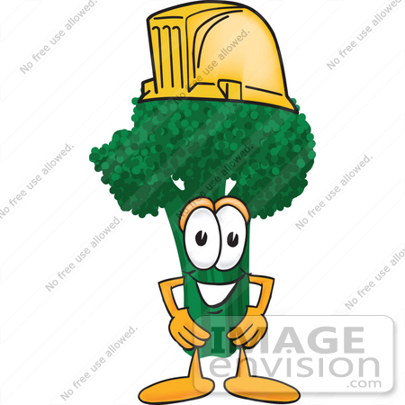 #27560 Clip Art Graphic of a Broccoli Mascot Character Wearing a Yellow Hardhat by toons4biz