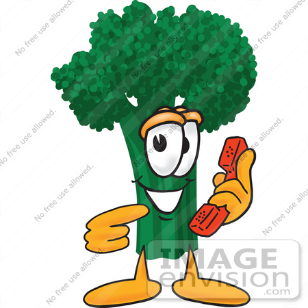 #27561 Clip Art Graphic of a Broccoli Mascot Character Pointing to a Red Telephone Receiver by toons4biz