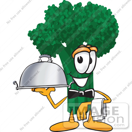 #27564 Clip Art Graphic of a Broccoli Mascot Character Waiting Tables and Serving a Dinner Platter by toons4biz