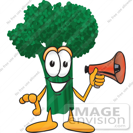 #27566 Clip Art Graphic of a Broccoli Mascot Character Preparing to Make an Announcement With a Red Megaphone Bullhorn by toons4biz