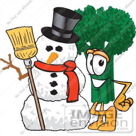 #27567 Clip Art Graphic of a Broccoli Mascot Character Standing Beside a Snowman on Christmas by toons4biz