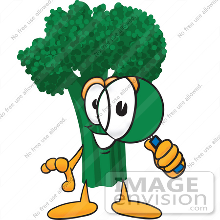 #27568 Clip Art Graphic of a Broccoli Mascot Character Inspecting and Looking Through a Magnifying Glass by toons4biz