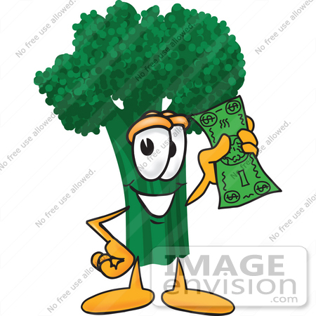 #27569 Clip Art Graphic of a Broccoli Mascot Character Waving a Green Banknote by toons4biz