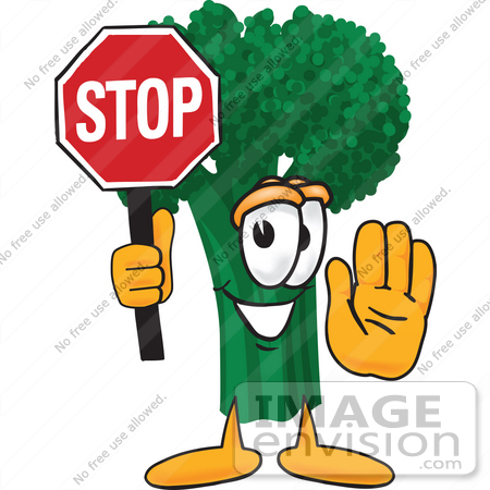 #27571 Clip Art Graphic of a Broccoli Mascot Character Holding a Stop Sign by toons4biz